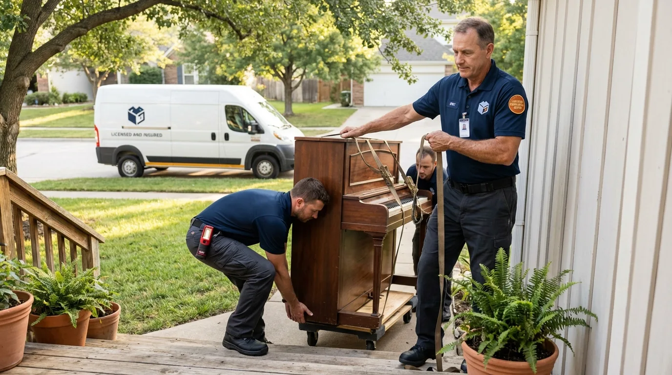 Licensed piano movers securing grand piano in Spartanburg, SC