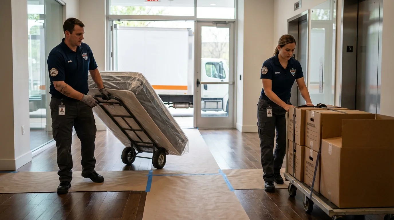 Professional apartment movers loading elevator in Spartanburg, SC