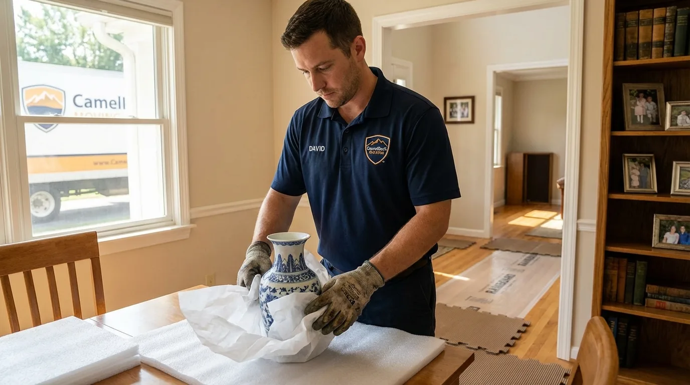 Professional crew carefully wrapping antique vase for senior downsizing move in Spartanburg, SC